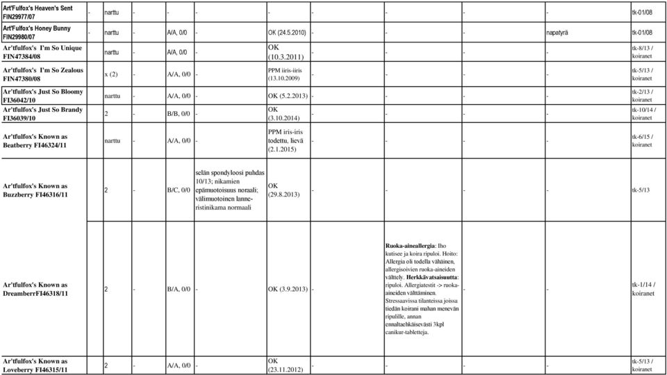 1.2015) tk6/15 / Ar'tfulfox's Known as Buzzberry FI46316/11 2 B/C, 0/0 selän spondyloosi puhdas 10/13; nikamien epämuotoisuus noraali; välimuotoinen lanneristinikama normaali (29.8.