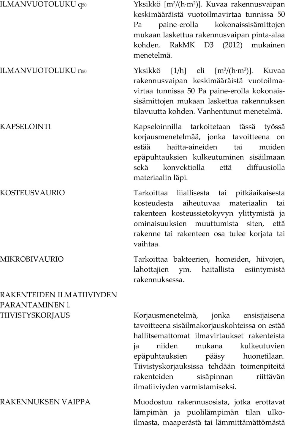 Kuvaa rakennusvaipan keskimääräistä vuotoilmavirtaa tunnissa 50 Pa paine-erolla kokonaissisämittojen mukaan laskettua rakennuksen tilavuutta kohden. Vanhentunut menetelmä.