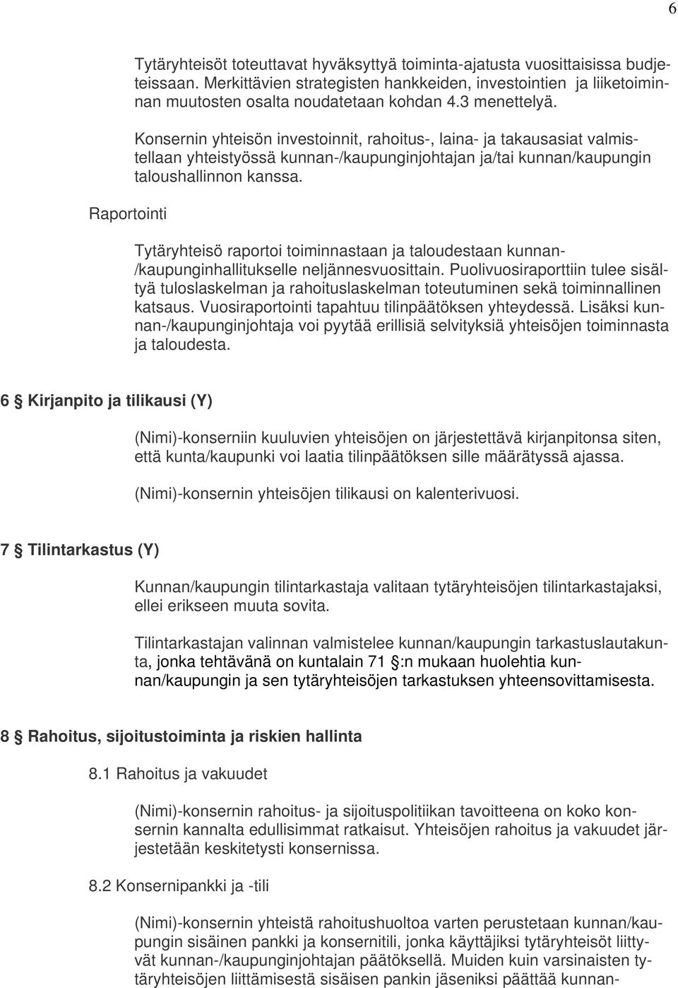 Konsernin yhteisön investoinnit, rahoitus-, laina- ja takausasiat valmistellaan yhteistyössä kunnan-/kaupunginjohtajan ja/tai kunnan/kaupungin taloushallinnon kanssa.