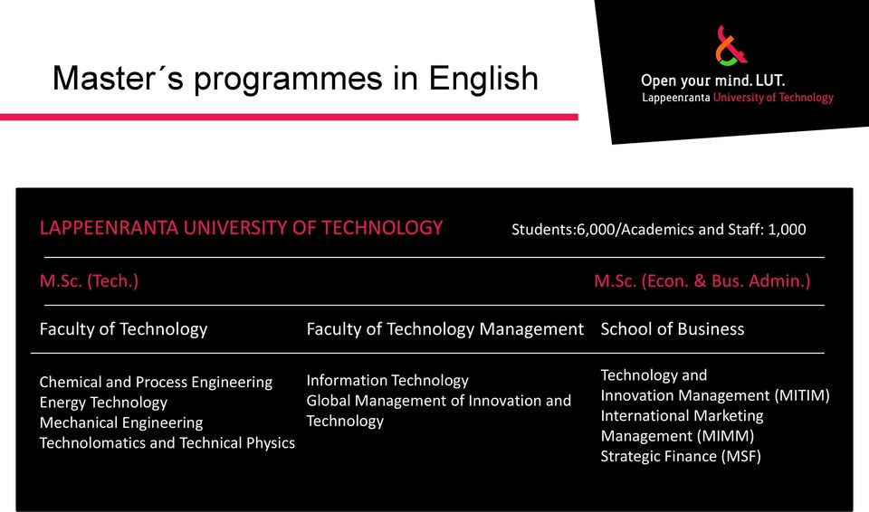 ) Faculty of Technology Management School of Business Chemical and Process Engineering Energy Technology Mechanical Engineering