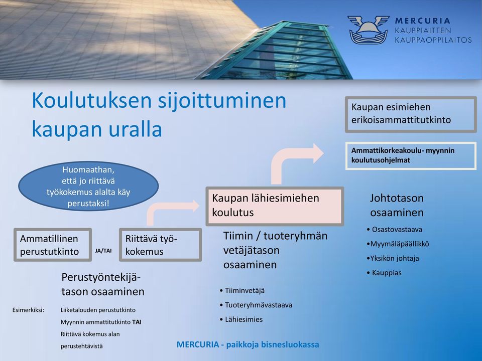 perustehtävistä Kaupan lähiesimiehen koulutus Tiimin / tuoteryhmän vetäjätason osaaminen Tiiminvetäjä Tuoteryhmävastaava Lähiesimies Kaupan