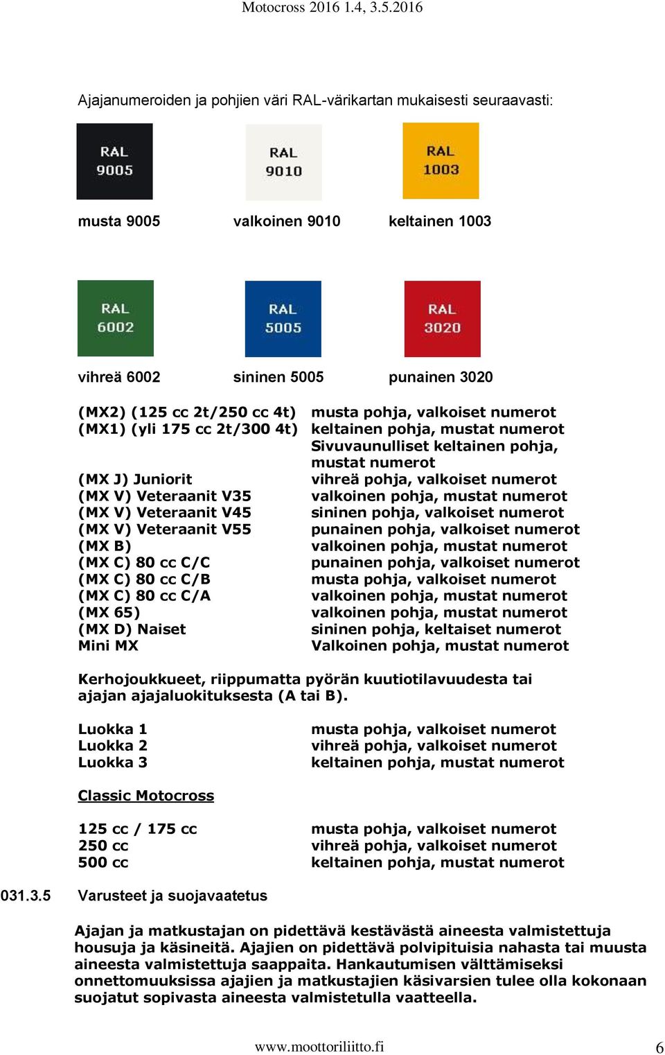 valkoinen pohja, mustat numerot (MX V) Veteraanit V45 sininen pohja, valkoiset numerot (MX V) Veteraanit V55 punainen pohja, valkoiset numerot (MX B) valkoinen pohja, mustat numerot (MX C) 80 cc C/C