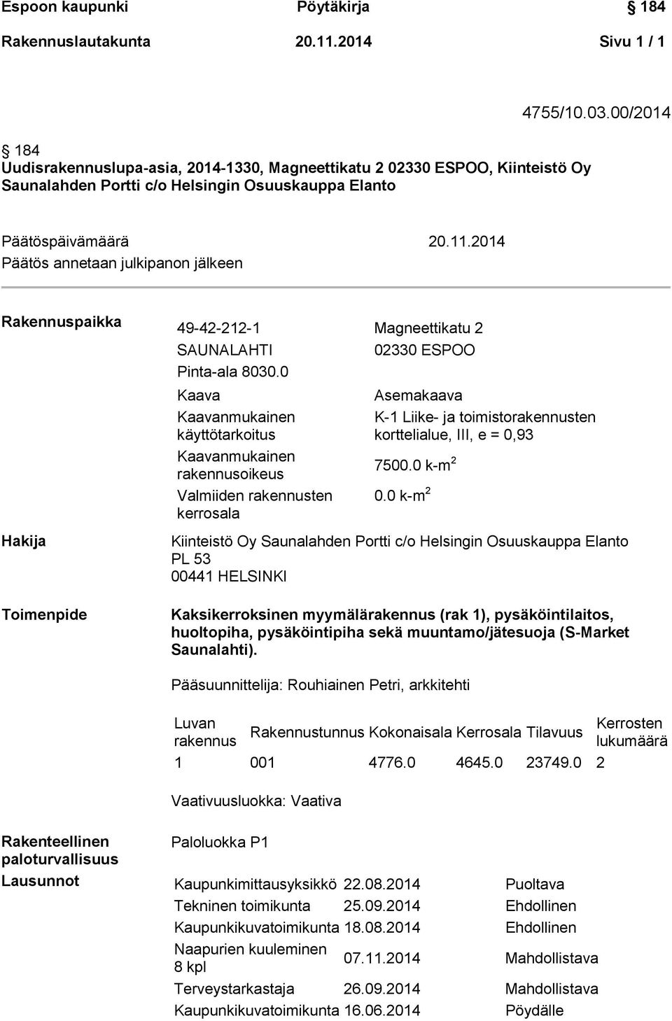 0 Kaava Kaavanmukainen käyttötarkoitus Kaavanmukainen rakennusoikeus Valmiiden rakennusten kerrosala 02330 ESPOO Asemakaava K-1 Liike- ja toimistorakennusten korttelialue, III, e = 0,93 7500.