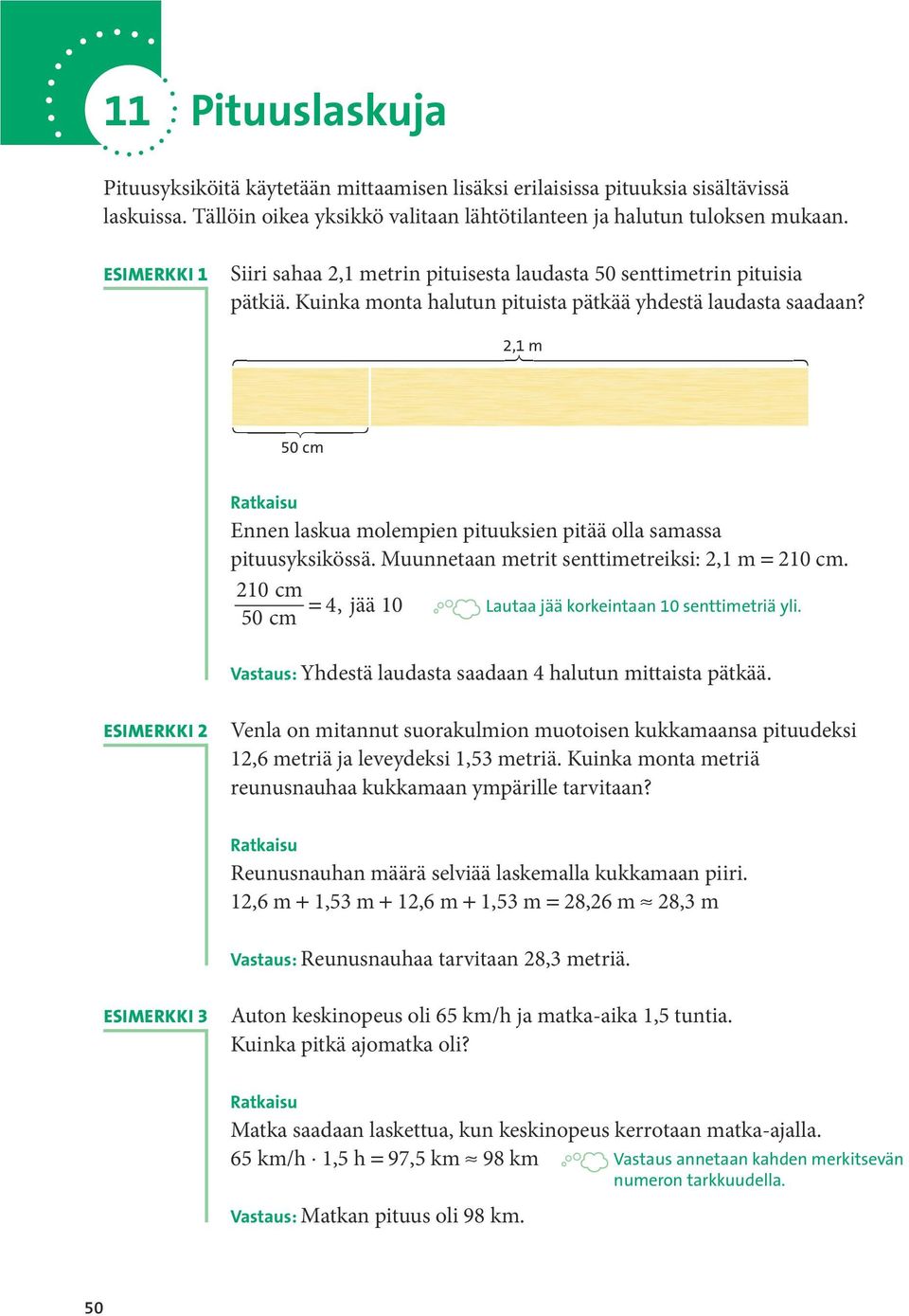 , m cm Ennen laskua molempien pituuksien pitää olla samassa pituusyksikössä. Muunnetaan metrit senttimetreiksi: 2,1 m = 210 cm. 210 cm = 4, jää 10 Lautaa jää korkeintaan 10 senttimetriä yli.