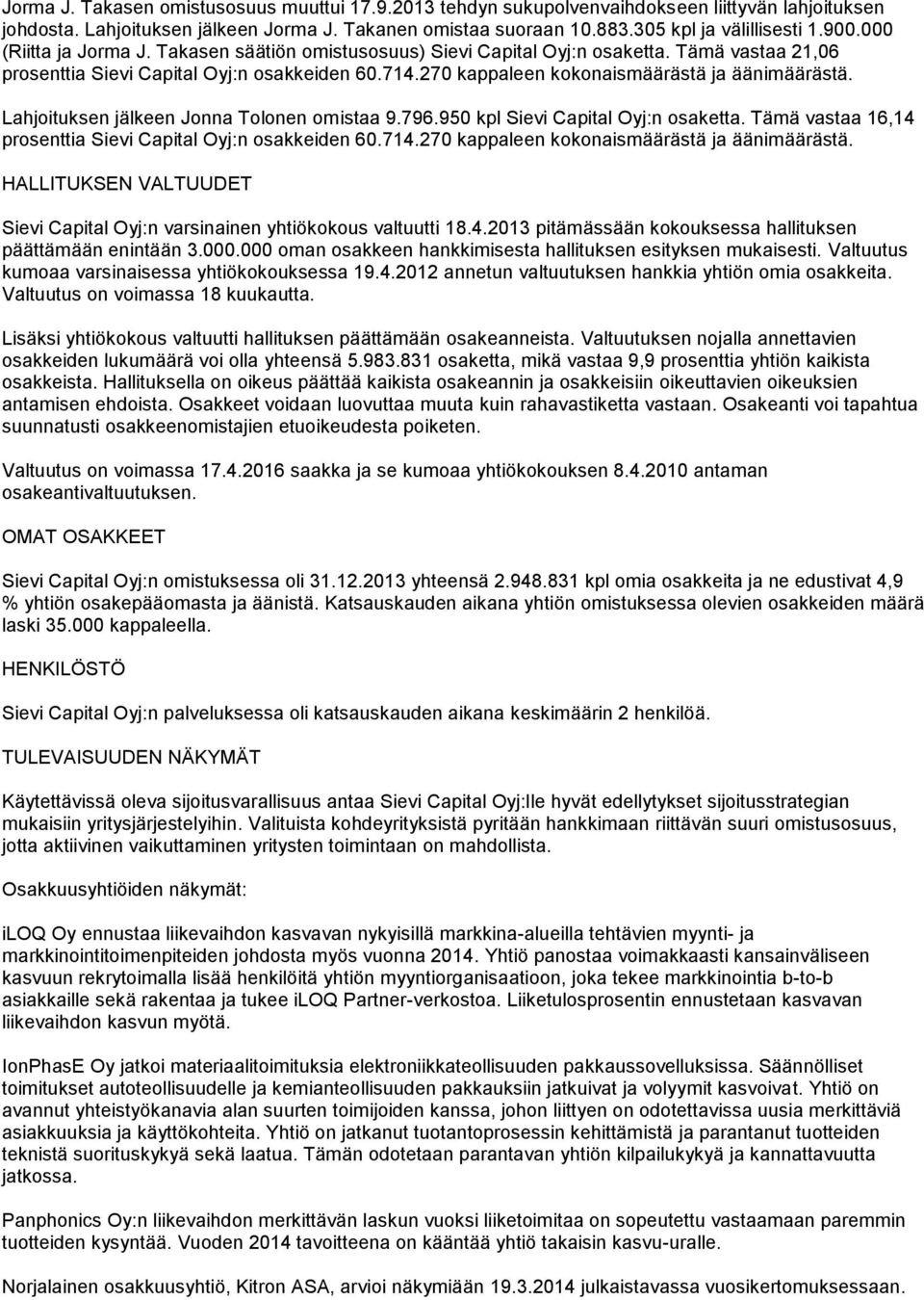 270 kappaleen kokonaismäärästä ja äänimäärästä. Lahjoituksen jälkeen Jonna Tolonen omistaa 9.796.950 kpl Sievi Capital Oyj:n osaketta. Tämä vastaa 16,14 prosenttia Sievi Capital Oyj:n osakkeiden 60.