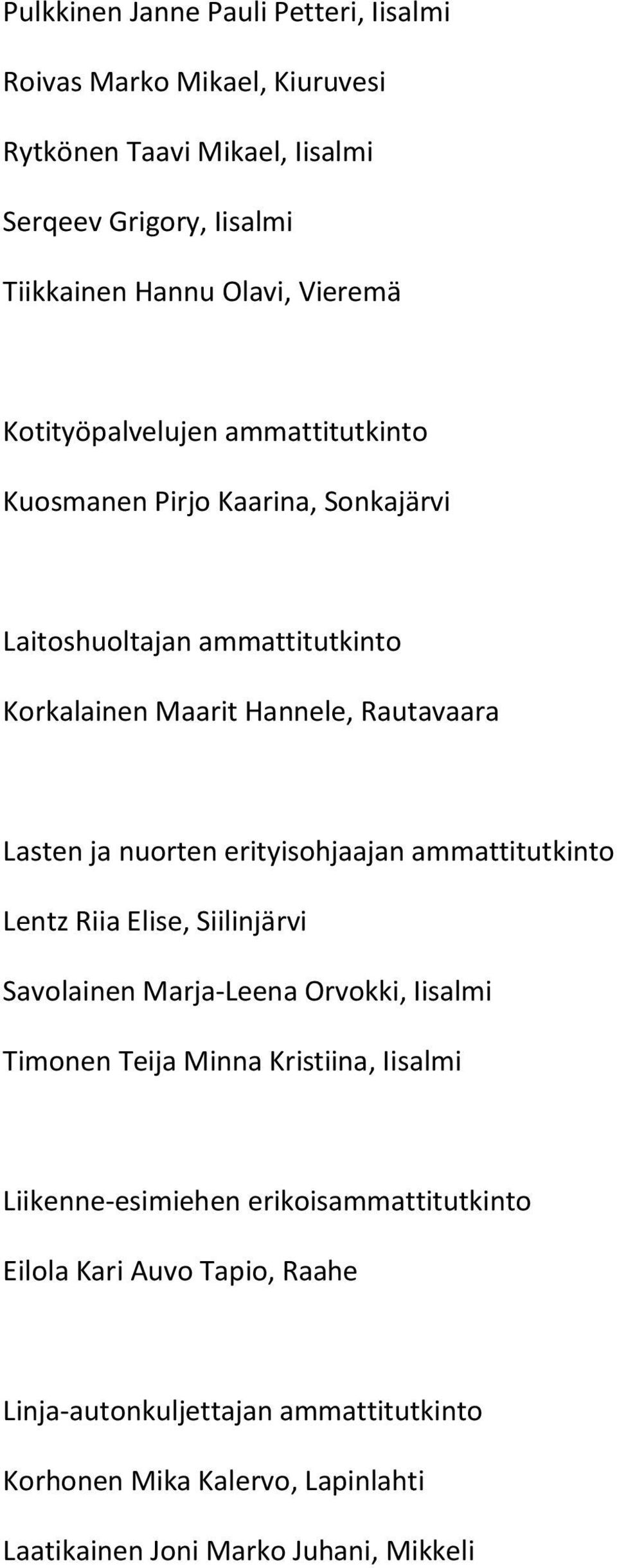 erityisohjaajan ammattitutkinto Lentz Riia Elise, Siilinjärvi Savolainen Marja-Leena Orvokki, Iisalmi Timonen Teija Minna Kristiina, Iisalmi Liikenne-esimiehen