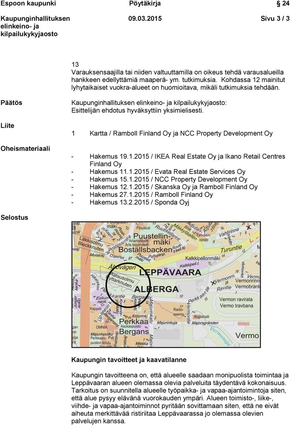 1 Kartta / Ramboll Finland Oy ja NCC Property Development Oy - Hakemus 19.1.2015 / IKEA Real Estate Oy ja Ikano Retail Centres Finland Oy - Hakemus 11.1.2015 / Evata Real Estate Services Oy - Hakemus 15.