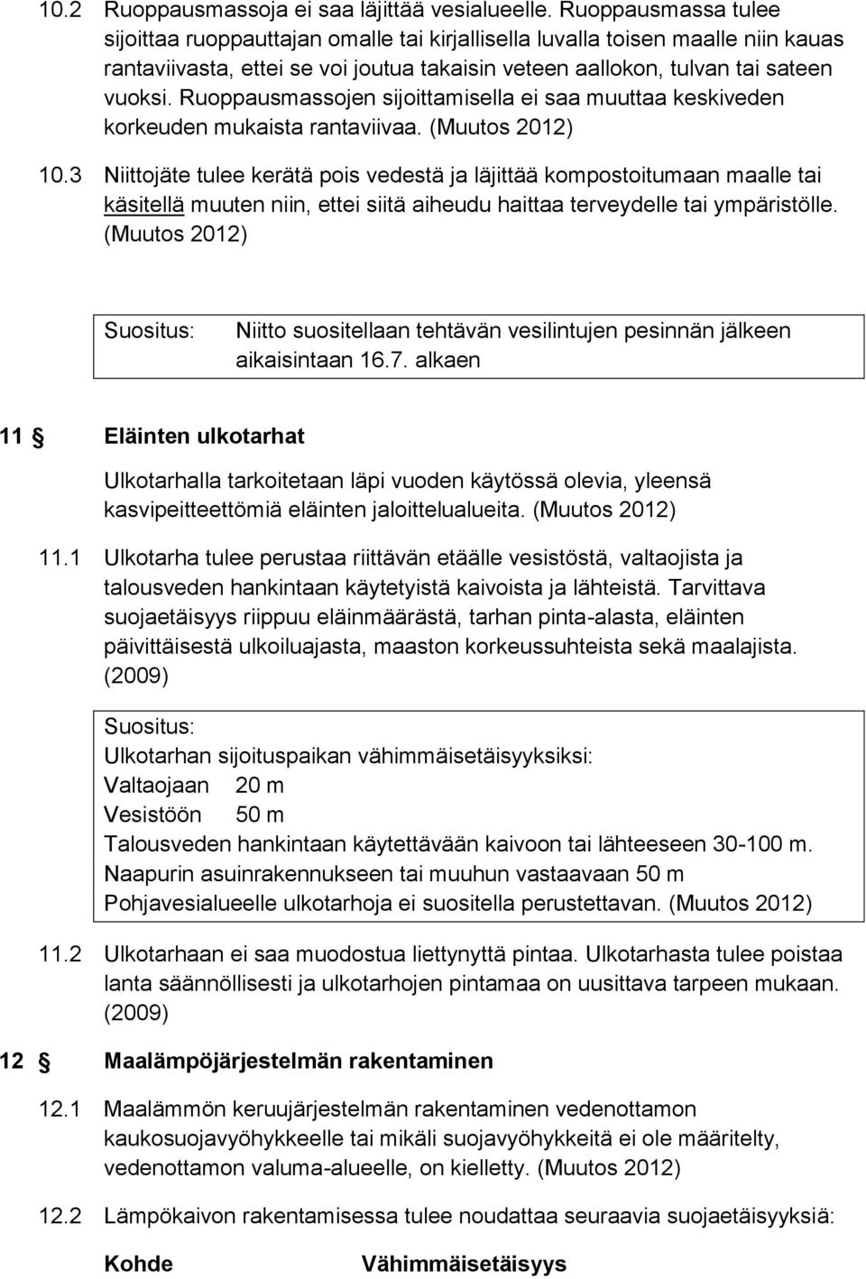 Ruoppausmassojen sijoittamisella ei saa muuttaa keskiveden korkeuden mukaista rantaviivaa. (Muutos 2012) 10.