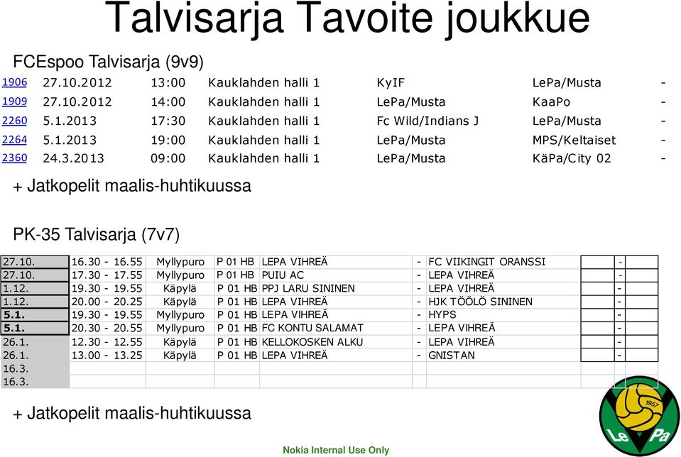 55 Myllypuro P 01 HB LEPA VIHREÄ - FC VIIKINGIT ORANSSI - 27.10. 17.30-17.55 Myllypuro P 01 HB PUIU AC - LEPA VIHREÄ - 1.12. 19.30-19.55 Käpylä P 01 HB PPJ LARU SININEN - LEPA VIHREÄ - 1.12. 20.00-20.