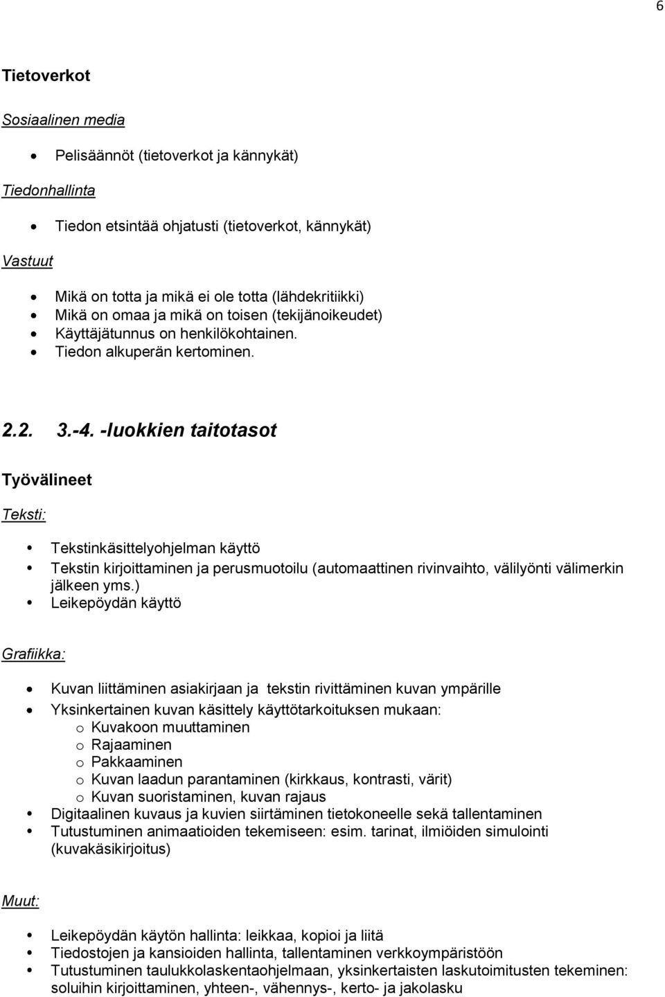 -luokkien taitotasot Työvälineet Teksti: Tekstinkäsittelyohjelman käyttö Tekstin kirjoittaminen ja perusmuotoilu (automaattinen rivinvaihto, välilyönti välimerkin jälkeen yms.