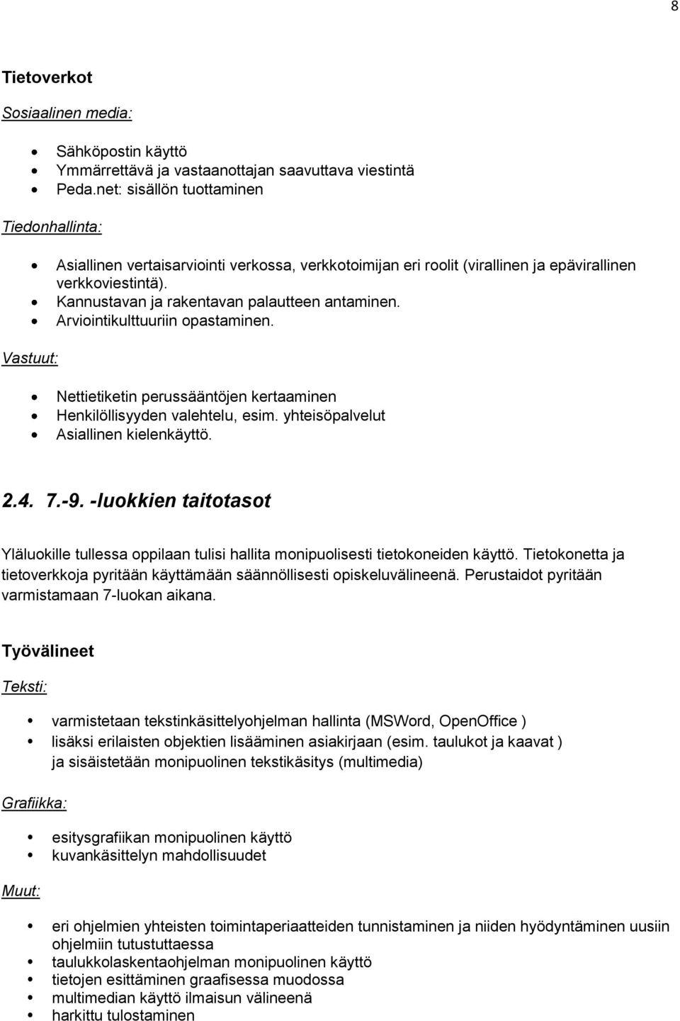 Arviointikulttuuriin opastaminen. Nettietiketin perussääntöjen kertaaminen Henkilöllisyyden valehtelu, esim. yhteisöpalvelut Asiallinen kielenkäyttö. 2.4. 7.-9.