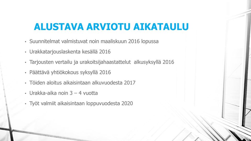 alkusyksyllä 2016 Päättävä yhtiökokous syksyllä 2016 Töiden aloitus aikaisintaan