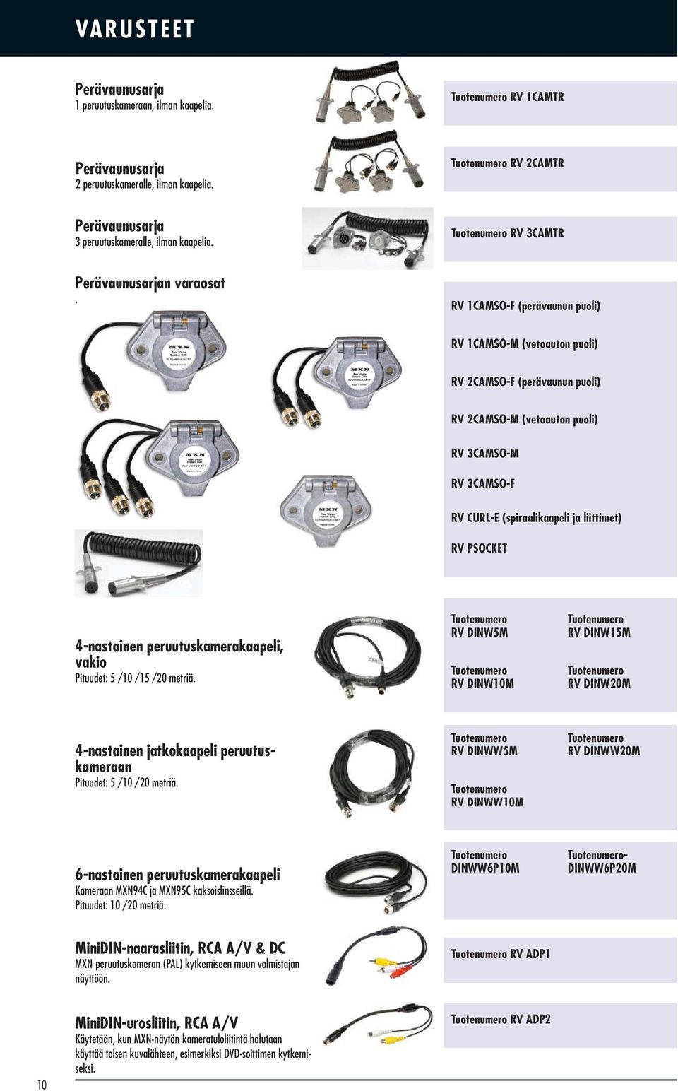 RV 1CAMSO-F (perävaunun puoli) RV 1CAMSO-M (vetoauton puoli) RV 2CAMSO-F (perävaunun puoli) RV 2CAMSO-M (vetoauton puoli) RV 3CAMSO-M RV 3CAMSO-F RV CURL-E (spiraalikaapeli ja liittimet) RV PSOCKET