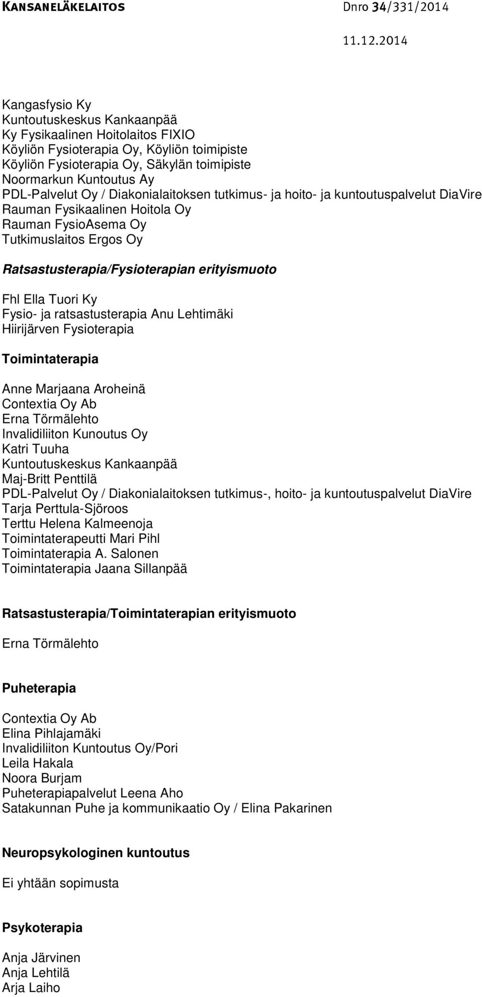 erityismuoto Fhl Ella Tuori Ky Fysio- ja ratsastusterapia Anu Lehtimäki Hiirijärven Fysioterapia Toimintaterapia Anne Marjaana Aroheinä Contextia Oy Ab Erna Törmälehto Invalidiliiton Kunoutus Oy