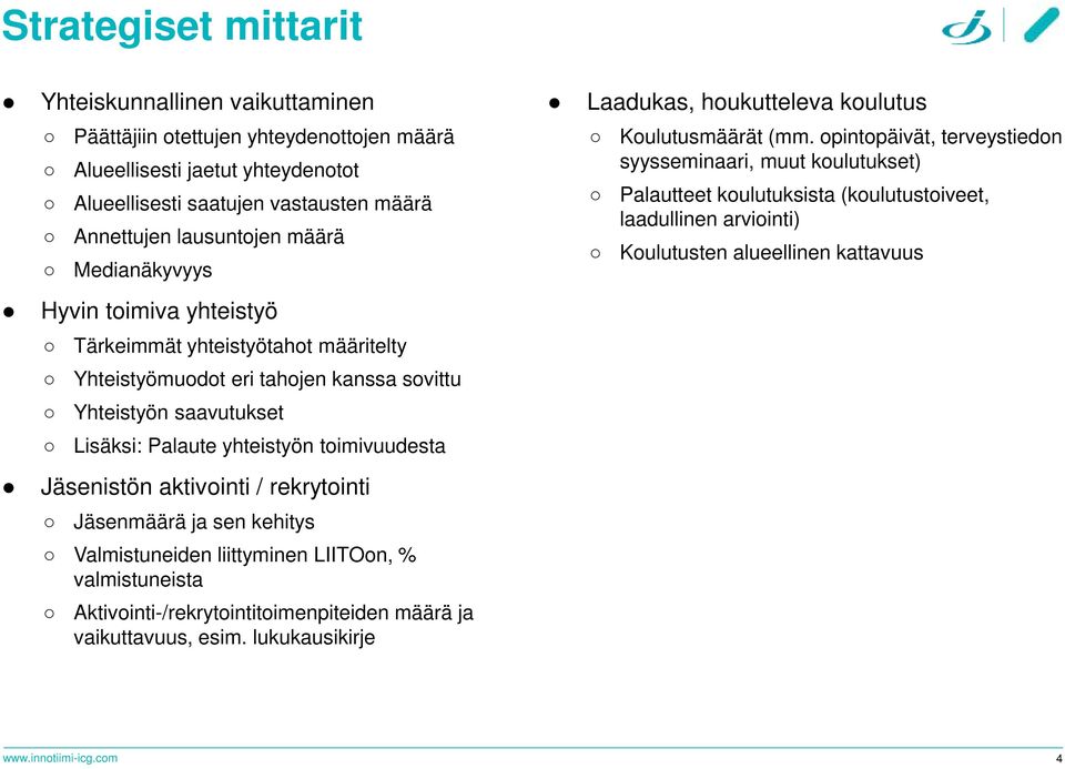 aktivointi / rekrytointi Jäsenmäärä ja sen kehitys Valmistuneiden liittyminen LIITOon, % valmistuneista Aktivointi-/rekrytointitoimenpiteiden määrä ja vaikuttavuus, esim.