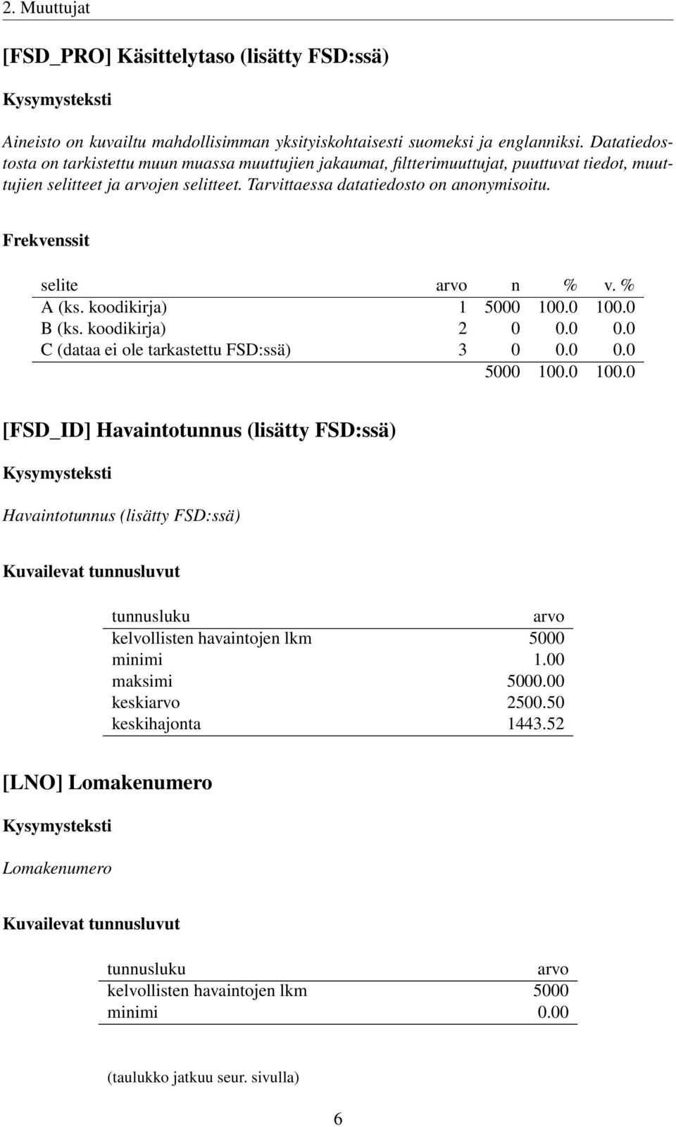 koodikirja) 1 B (ks. koodikirja) 2 0 0.0 0.0 C (dataa ei ole tarkastettu FSD:ssä) 3 0 0.0 0.0 [FSD_ID] Havaintotunnus (lisätty FSD:ssä) Havaintotunnus (lisätty FSD:ssä) Kuvailevat tunnusluvut tunnusluku arvo kelvollisten havaintojen lkm 5000 minimi 1.