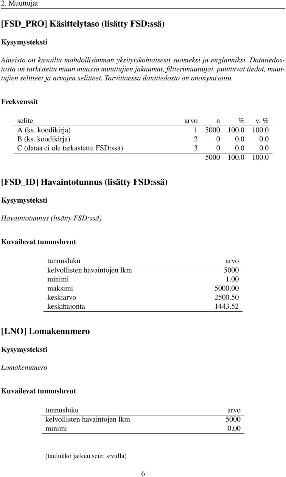 koodikirja) 1 B (ks. koodikirja) 2 0 0.0 0.0 C (dataa ei ole tarkastettu FSD:ssä) 3 0 0.0 0.0 [FSD_ID] Havaintotunnus (lisätty FSD:ssä) Havaintotunnus (lisätty FSD:ssä) Kuvailevat tunnusluvut tunnusluku arvo kelvollisten havaintojen lkm 5000 minimi 1.