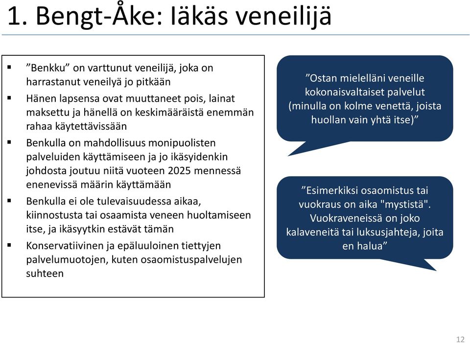 tulevaisuudessa aikaa, kiinnostusta tai osaamista veneen huoltamiseen itse, ja ikäsyytkin estävät tämän Konservatiivinen ja epäluuloinen tiettyjen palvelumuotojen, kuten osaomistuspalvelujen suhteen