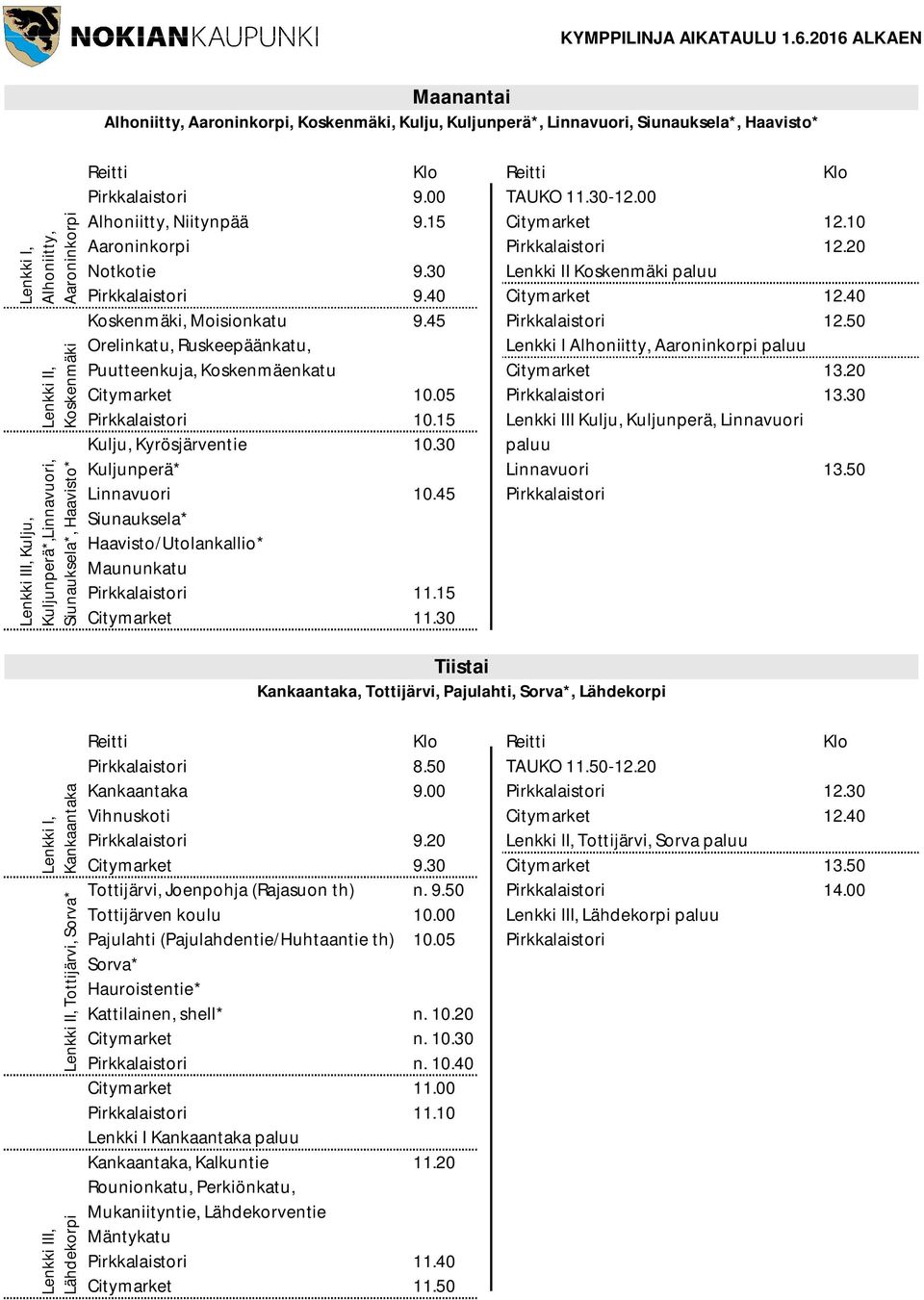 Kuljunperä*,Linnavuori, Siunauksela*, Haavisto* Reitti Klo Reitti Klo Pirkkalaistori 9.00 TAUKO 11.30-12.00 Alhoniitty, Niitynpää 9.15 Citymarket 12.10 Aaroninkorpi Pirkkalaistori 12.20 Notkotie 9.