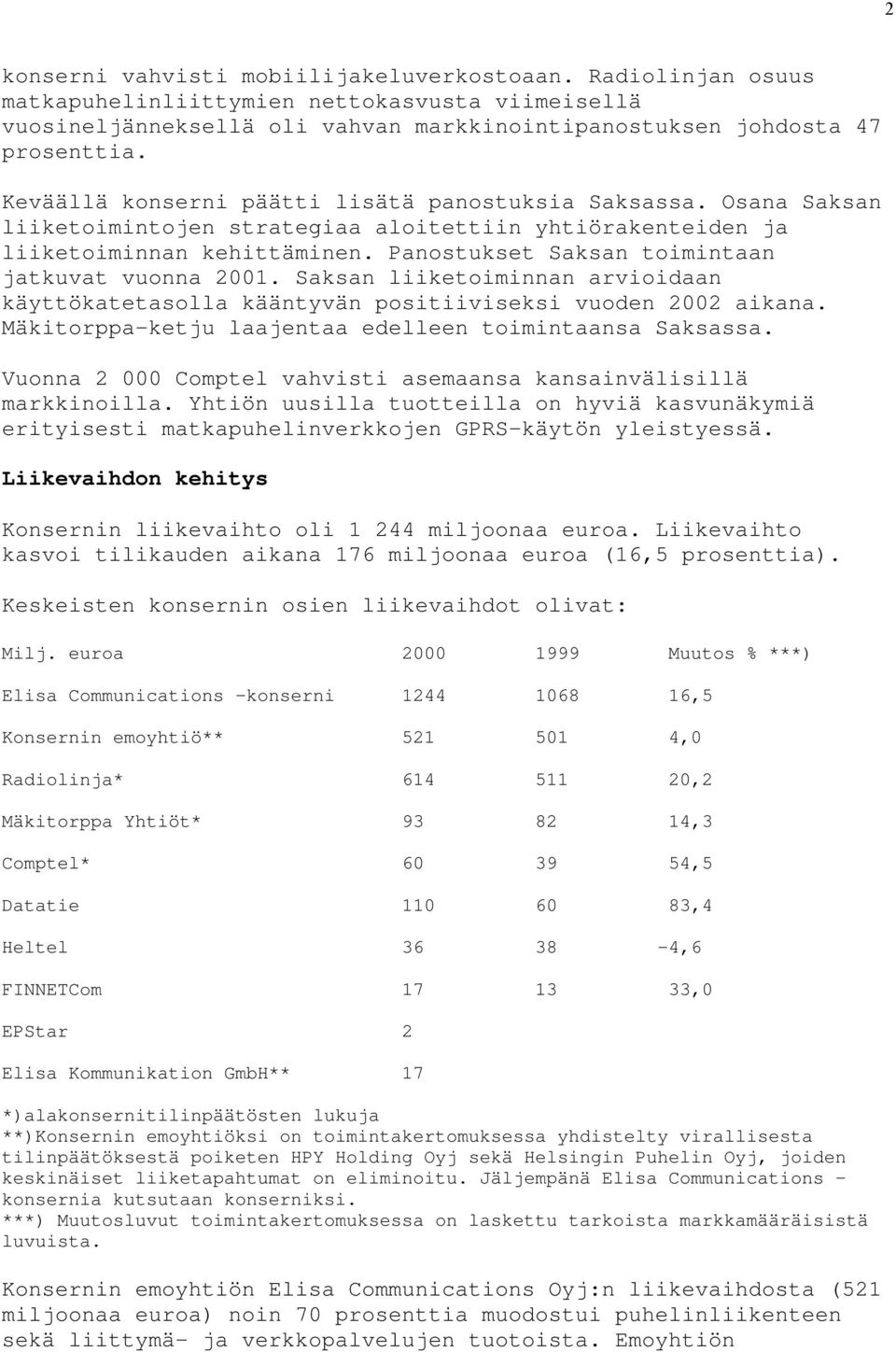 Panostukset Saksan toimintaan jatkuvat vuonna 2001. Saksan liiketoiminnan arvioidaan käyttökatetasolla kääntyvän positiiviseksi vuoden 2002 aikana.