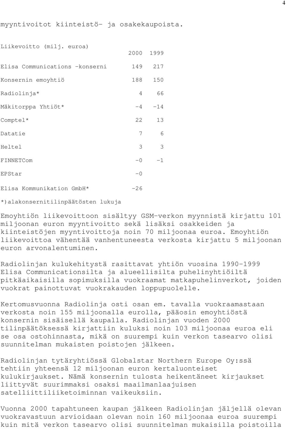 Kommunikation GmbH* -26 *)alakonsernitilinpäätösten lukuja Emoyhtiön liikevoittoon sisältyy GSM-verkon myynnistä kirjattu 101 miljoonan euron myyntivoitto sekä lisäksi osakkeiden ja kiinteistöjen