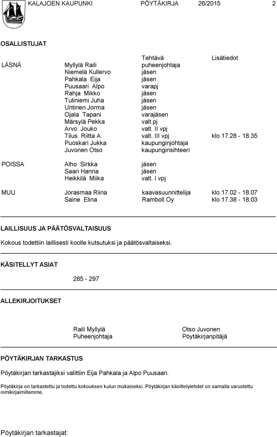 35 Puoskari Jukka kaupunginjohtaja Juvonen Otso kaupunginsihteeri POISSA Alho Sirkka jäsen Saari Hanna jäsen Heikkilä Miika valt. I vpj MUU Jorasmaa Riina kaavasuunnittelija klo 17.02-18.