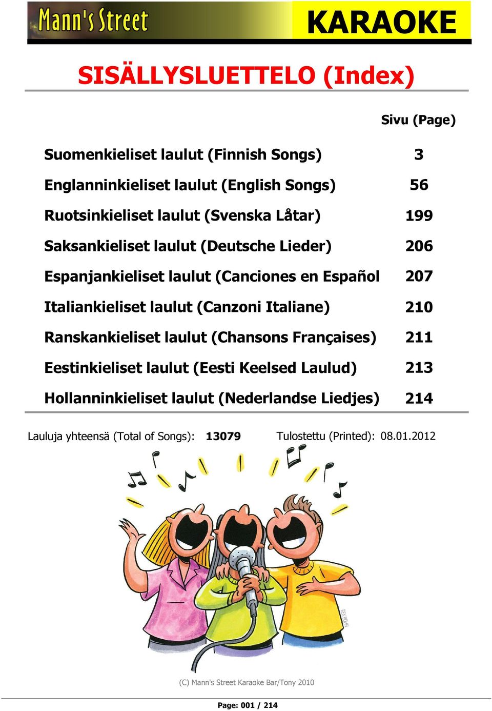 (Canzoni Italiane) 210 Ranskankieliset laulut (Chansons Françaises) 211 Eestinkieliset laulut (Eesti Keelsed Laulud) 213 Hollanninkieliset laulut