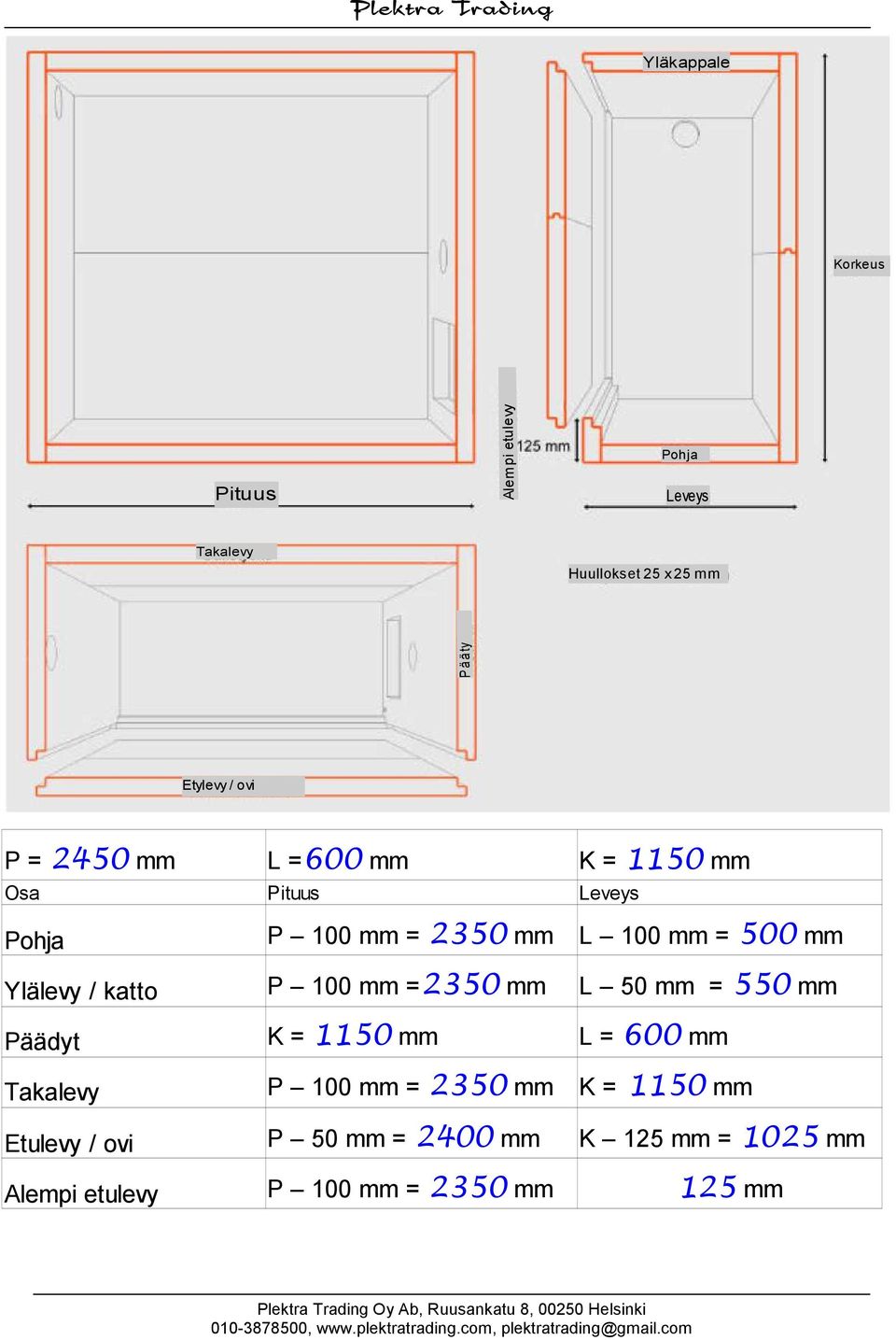 Etulevy / ovi Alempi etulevy P 100 mm = 2350 mm P 100 mm =2350 mm K = 1150 mm P 100 mm = 2350 mm P 50 mm =