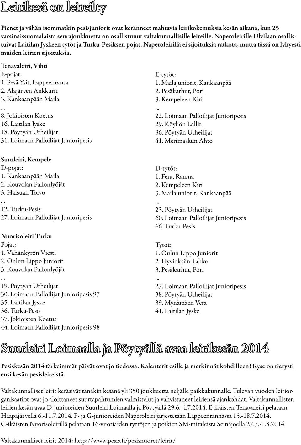 Tenavaleiri, Vihti E-pojat: 1. Pesä-Ysit, Lappeenranta 2. Alajärven Ankkurit 3. Kankaanpään Maila 8. Jokioisten Koetus 16. Laitilan Jyske 18. Pöytyän Urheilijat 31.