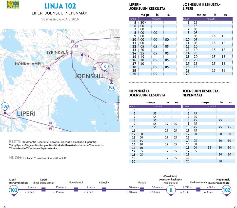 Tikkarinne Nepenmäenkatu huom: * = linja 101 aloittaa Liperistä klo.