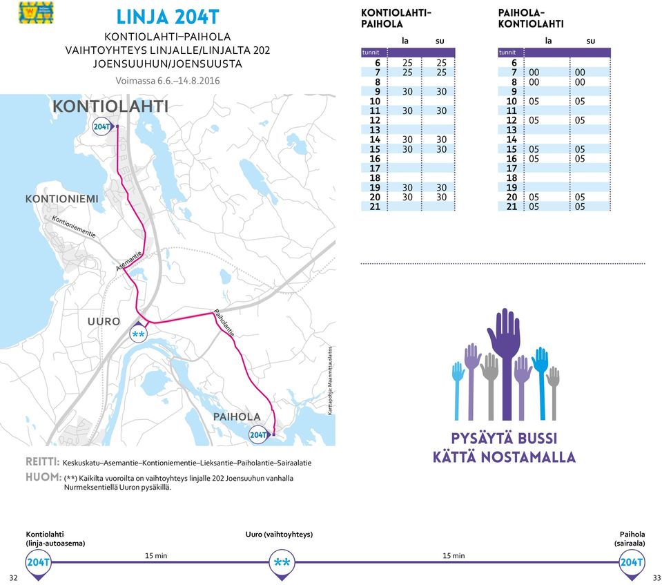 0 16 0 0 17 18 19 20 0 0 21 0 0 ontioniementie semantie UURO ** Paiholantie PIHOL 204T reitti: eskuskatu semantie ontioniementie Lieksantie Paiholantie Sairaalatie huom: (**) aikilta