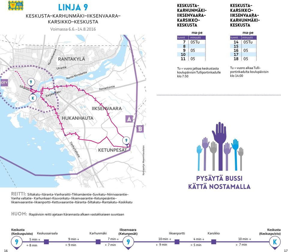 jatkaa keskustasta koulupäivisin Tulliportinkadulle klo 7:0 14 0Tu 1 16 0 17 18 0 Tu = vuoro alkaa Tulliportinkadulta koulupäivisin klo 14:00 IISENVR HUNHUT 9 Vanha Valtatie ETUNPESÄT reitti: