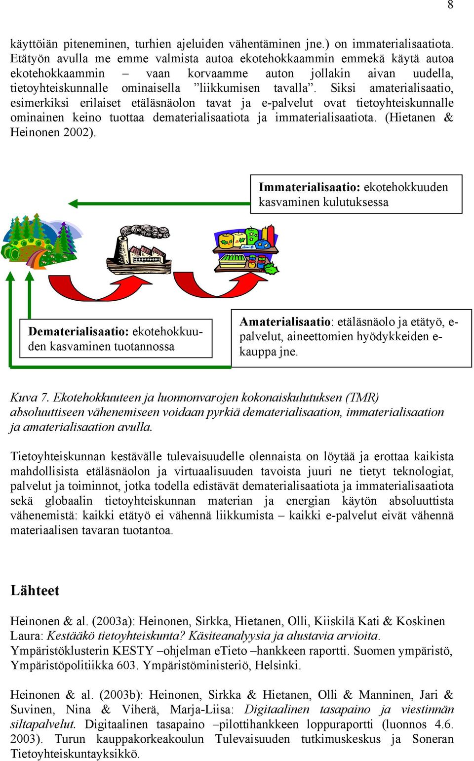Siksi amaterialisaatio, esimerkiksi erilaiset etäläsnäolon tavat ja e-palvelut ovat tietoyhteiskunnalle ominainen keino tuottaa dematerialisaatiota ja immaterialisaatiota. (Hietanen & Heinonen 2002).