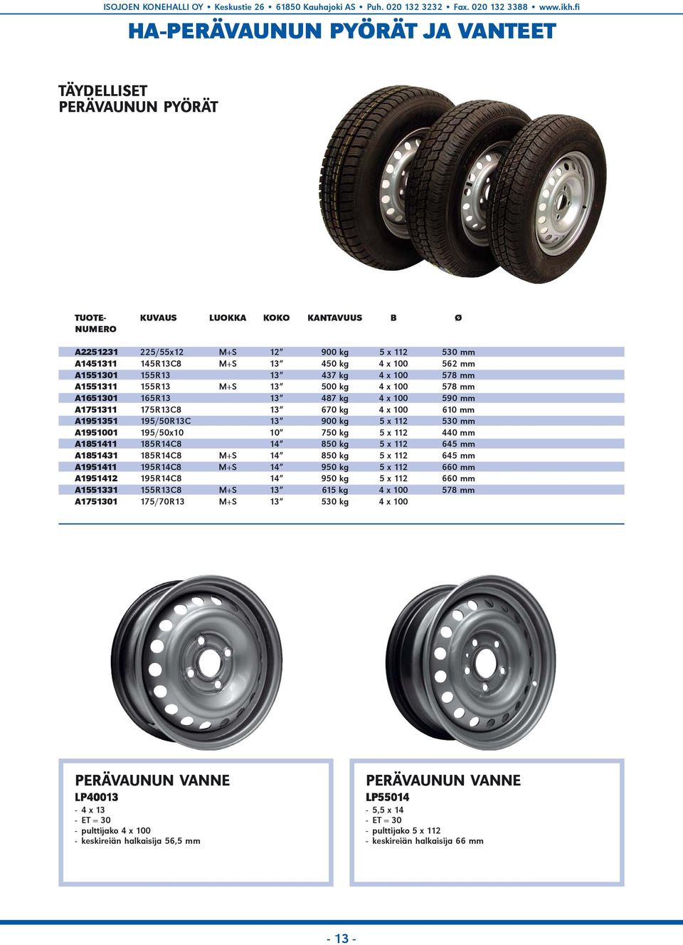 900 kg 5 x 112 530 mm A1951001 195/50x10 10 750 kg 5 x 112 440 mm A1851411 185R14C8 14 850 kg 5 x 112 645 mm A1851431 185R14C8 M+S 14 850 kg 5 x 112 645 mm A1951411 195R14C8 M+S 14 950 kg 5 x 112 660