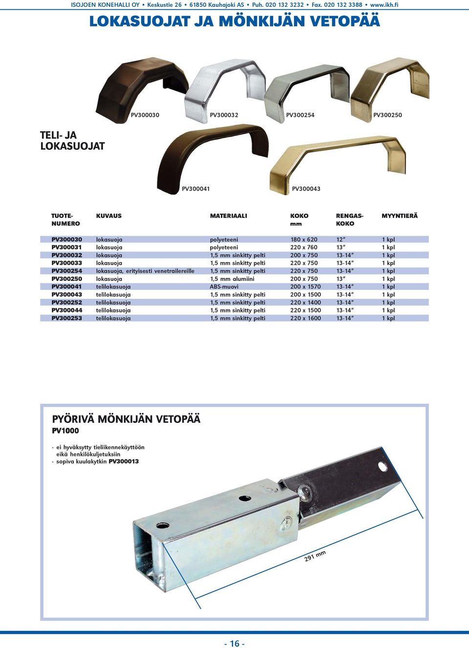 PV300254 lokasuoja, erityisesti venetrailereille 1,5 mm sinkitty pelti 220 x 750 13-14 1 kpl PV300250 lokasuoja 1,5 mm alumiini 200 x 750 13 1 kpl PV300041 telilokasuoja ABS-muovi 200 x 1570 13-14 1
