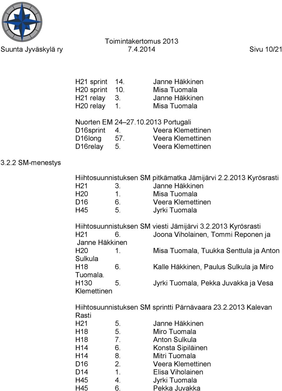 Veera Klemettinen H45 5. Jyrki Tuomala Hiihtosuunnistuksen SM viesti Jämijärvi 3.2.2013 Kyrösrasti H21 6. Joona Viholainen, Tommi Reponen ja Janne Häkkinen H20 1.