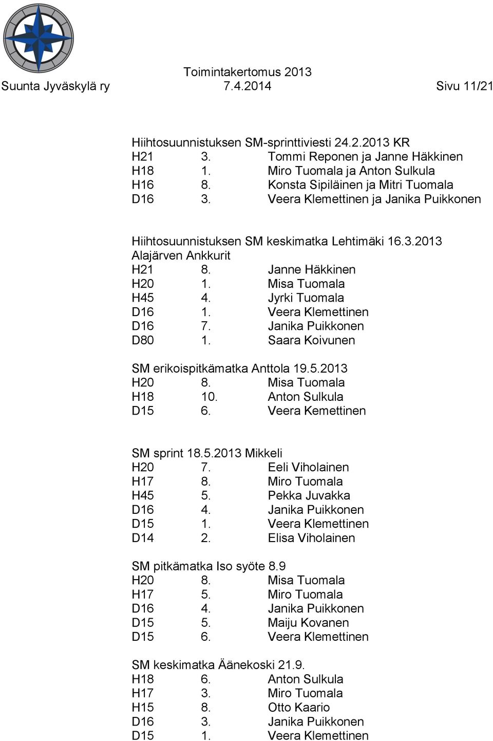 Misa Tuomala H45 4. Jyrki Tuomala D16 1. Veera Klemettinen D16 7. Janika Puikkonen D80 1. Saara Koivunen SM erikoispitkämatka Anttola 19.5.2013 H20 8. Misa Tuomala H18 10. Anton Sulkula D15 6.