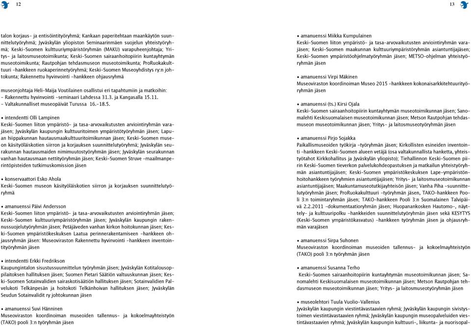 ruokaperinnetyöryhmä; Keski-Suomen Museoyhdistys ry:n johtokunta; Rakennettu hyvinvointi -hankkeen ohjausryhmä museonjohtaja Heli-Maija Voutilainen osallistui eri tapahtumiin ja matkoihin: -
