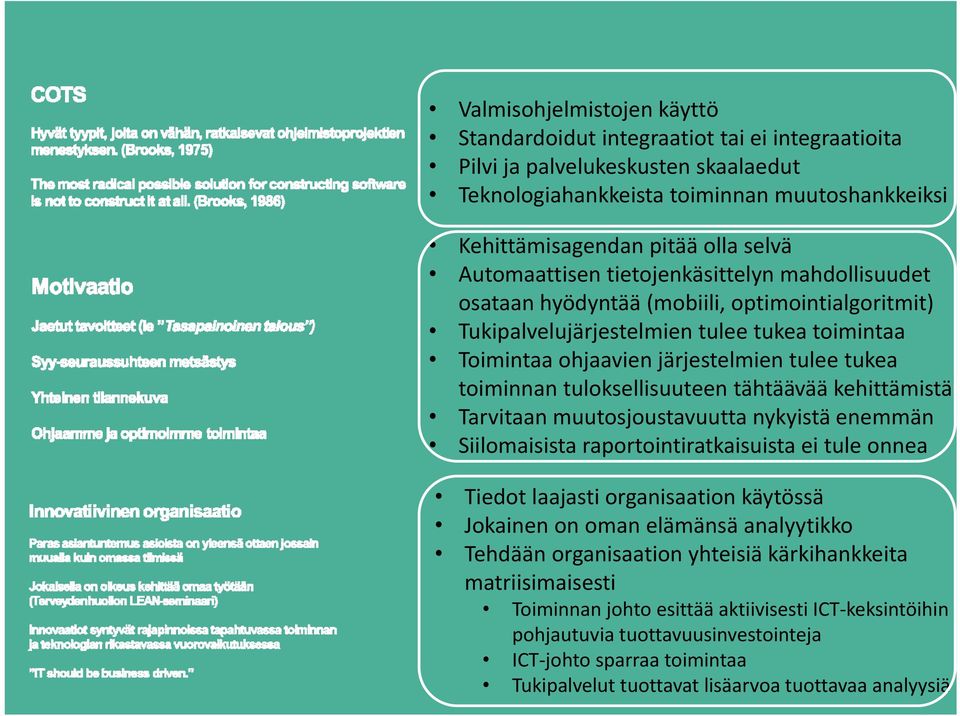 toiminnan tuloksellisuuteen tähtäävää kehittämistä Tarvitaan muutosjoustavuutta nykyistä enemmän Siilomaisista raportointiratkaisuista ei tule onnea Tiedot laajasti organisaation käytössä Jokainen on