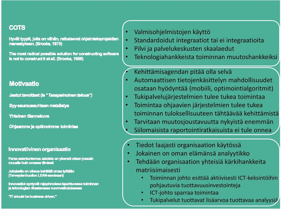 toiminnan tuloksellisuuteen tähtäävää kehittämistä Tarvitaan muutosjoustavuutta nykyistä enemmän Siilomaisista raportointiratkaisuista ei tule onnea Tiedot laajasti organisaation käytössä Jokainen on