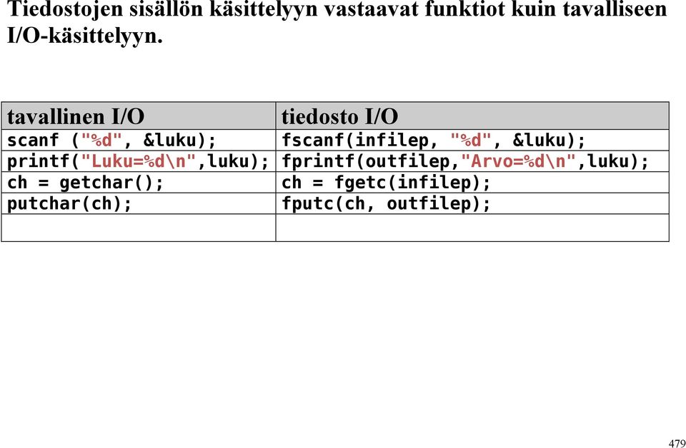 tavallinen I/O tiedosto I/O scanf ("%d", &luku); fscanf(infilep, "%d",