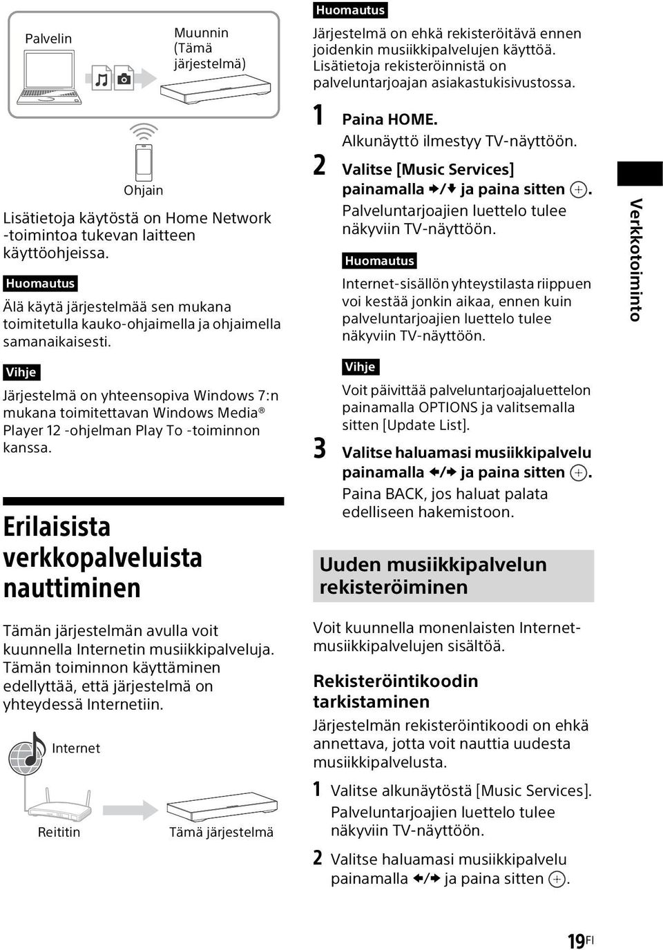 Lisätietoja rekisteröinnistä on palveluntarjoajan asiakastukisivustossa. 1 Paina HOME. Alkunäyttö ilmestyy TV-näyttöön. 2 Valitse [Music Services] painamalla / ja paina sitten.