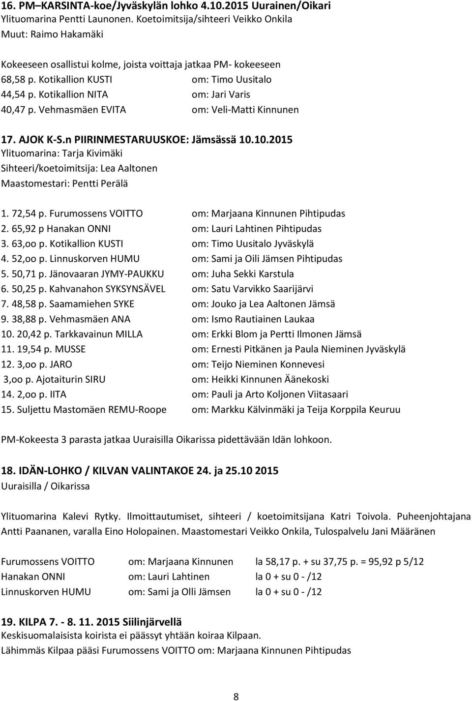 Kotikallion NITA om: Jari Varis 40,47 p. Vehmasmäen EVITA om: Veli-Matti Kinnunen 17. AJOK K-S.n PIIRINMESTARUUSKOE: Jämsässä 10.