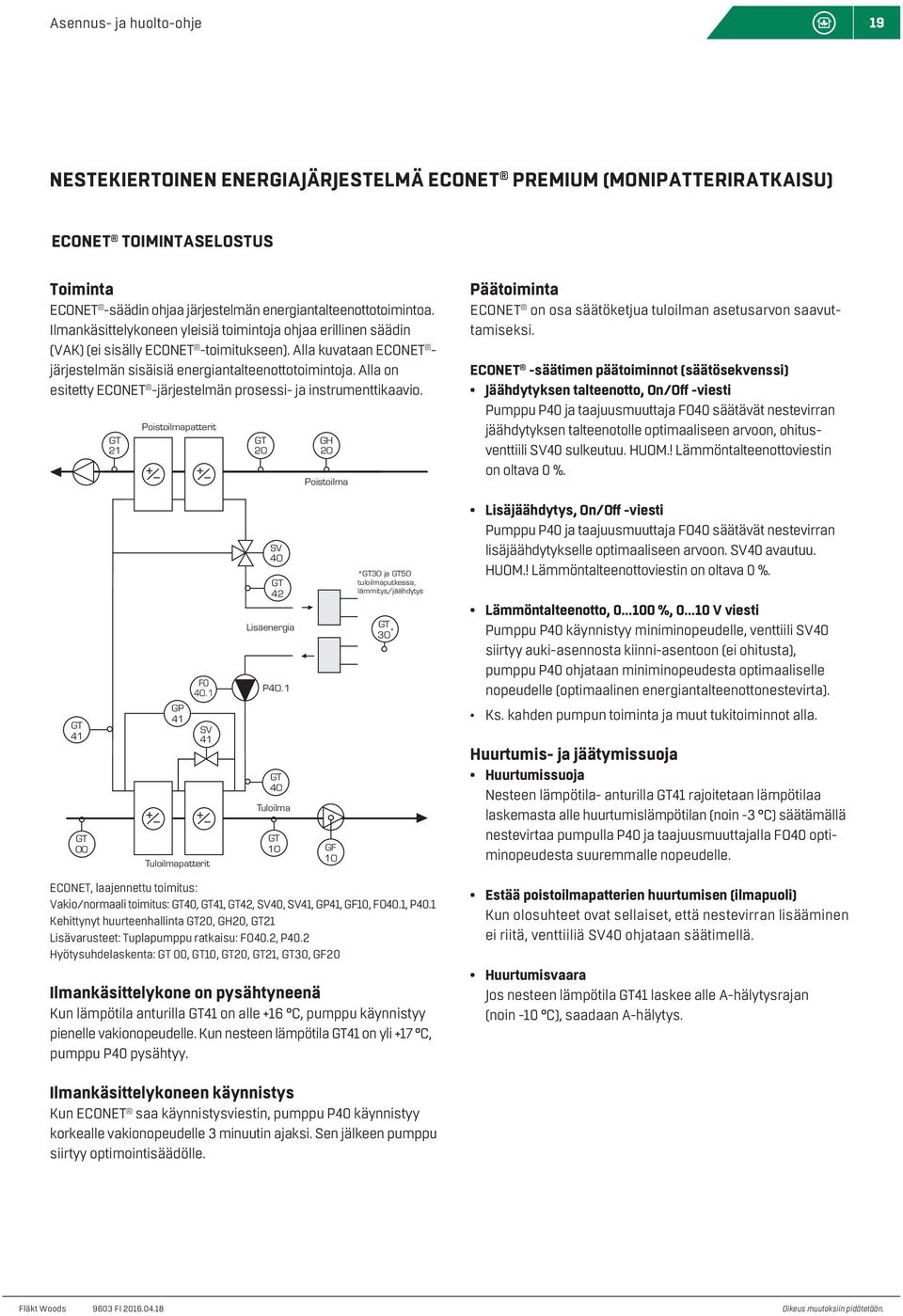 Alla on esitetty ECONET -järjestelmän prosessi- ja instrumenttikaavio. GT 21 Poistoilmapatterit GT 20 GH 20 Poistoilma Päätoiminta ECONET on osa säätöketjua tuloilman asetusarvon saavuttamiseksi.