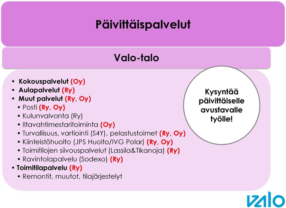 Kiinteistöhuolto (JPS Huolto/IVG Polar) (Ry, Oy) Toimitilojen siivouspalvelut (Lassila&Tikanoja) (Ry)