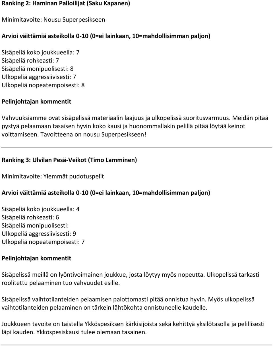 Meidän pitää pystyä pelaamaan tasaisen hyvin koko kausi ja huonommallakin pelillä pitää löytää keinot voittamiseen. Tavoitteena on nousu Superpesikseen!