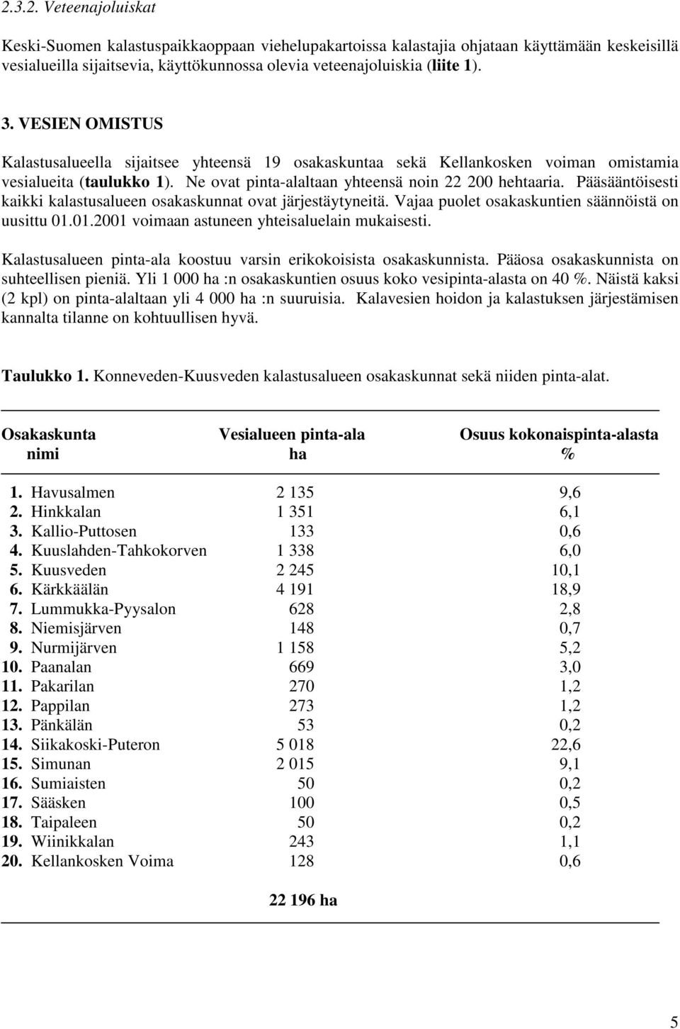 Pääsääntöisesti kaikki kalastusalueen osakaskunnat ovat järjestäytyneitä. Vajaa puolet osakaskuntien säännöistä on uusittu 01.01.2001 voimaan astuneen yhteisaluelain mukaisesti.