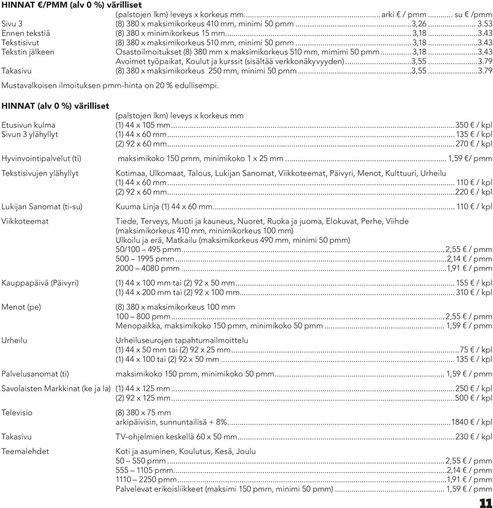 ..3,55...3.79 Takasivu (8) 380 x maksimikorkeus 250 mm, minimi 50 pmm...3,55...3.79 Mustavalkoisen ilmoituksen pmm-hinta on 20 % edullisempi.