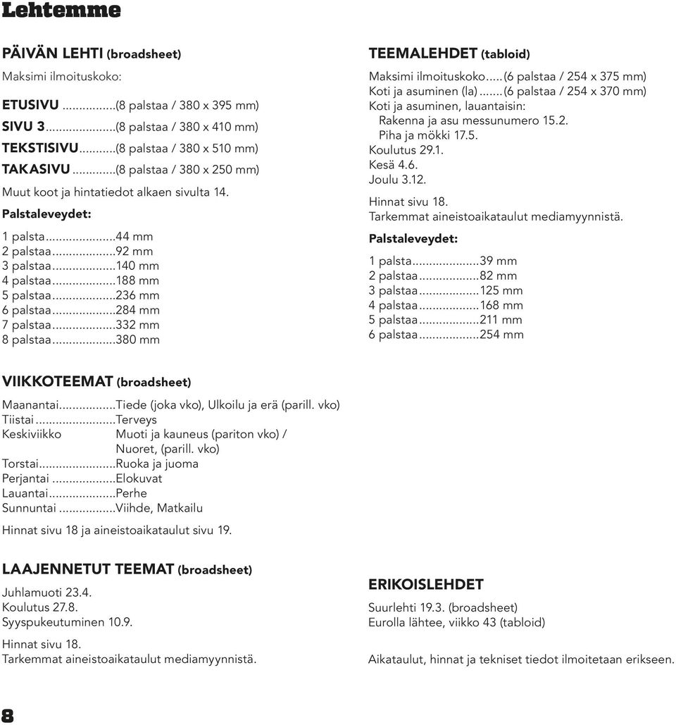 ..284 mm 7 palstaa...332 mm 8 palstaa...380 mm TEEMALEHDET (tabloid) Maksimi ilmoituskoko...(6 palstaa / 254 x 375 mm) Koti ja asuminen (la).