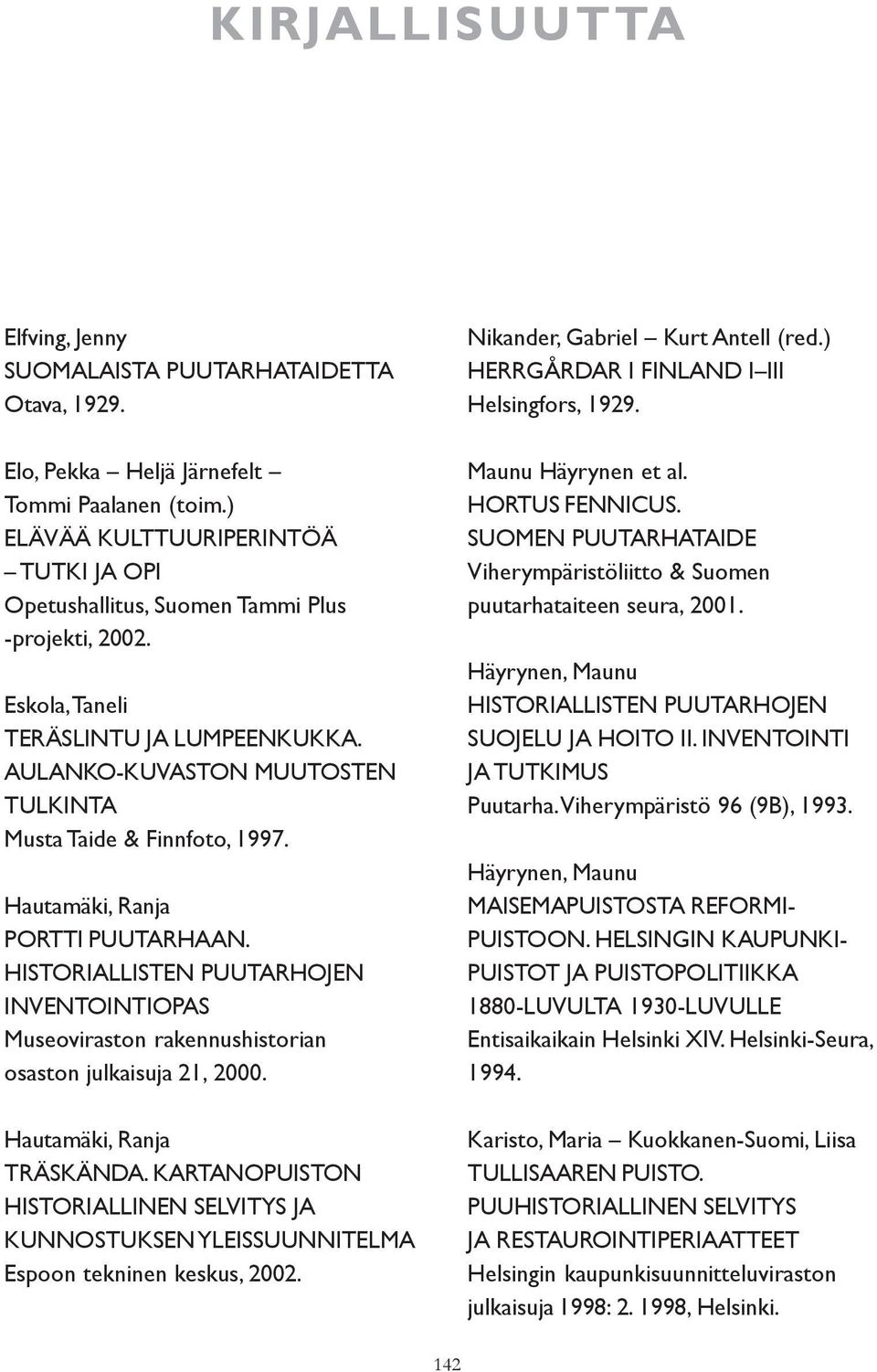 Hautamäki, Ranja PORTTI PUUTARHAAN. HISTORIALLISTEN PUUTARHOJEN INVENTOINTIOPAS Museoviraston rakennushistorian osaston julkaisuja 21, 2000. Hautamäki, Ranja TRÄSKÄNDA.